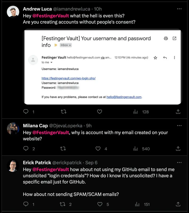 Festinger Vault tweets showing users frustration.