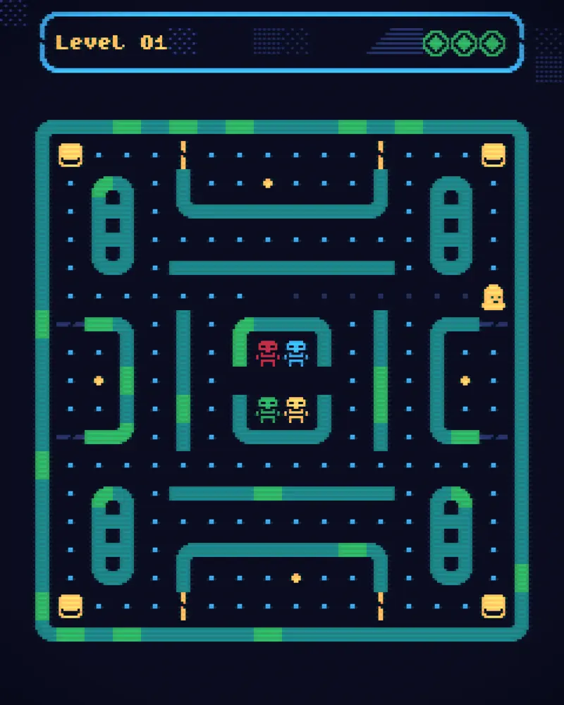 A screenshot of my game Chomper, a Pacman inspired game with skeletons chasing a blob that just wants to eat all the dots.