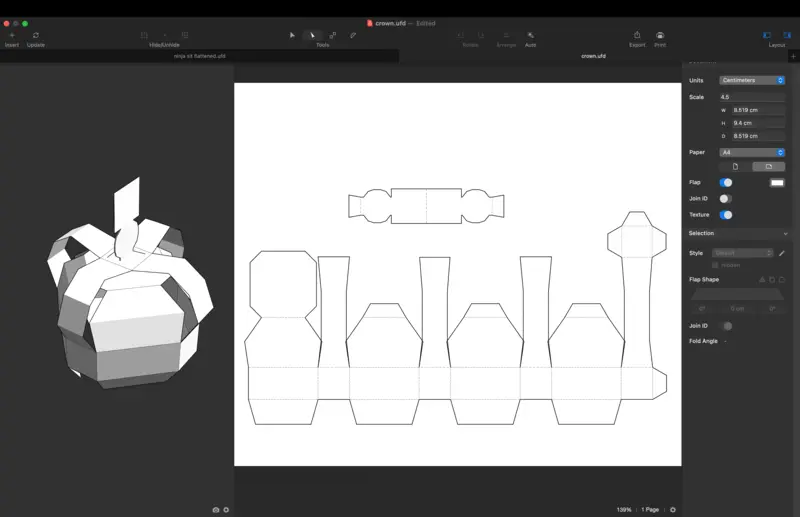 The Unfolder interface as I arrange the flattened 3d model.