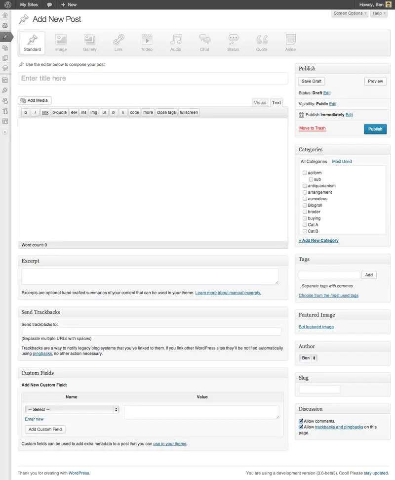 WordPress 3.6 New Post Screen