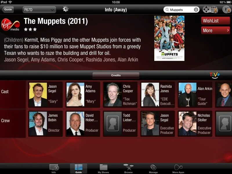 Movie cast and crew listings on the iPad app.