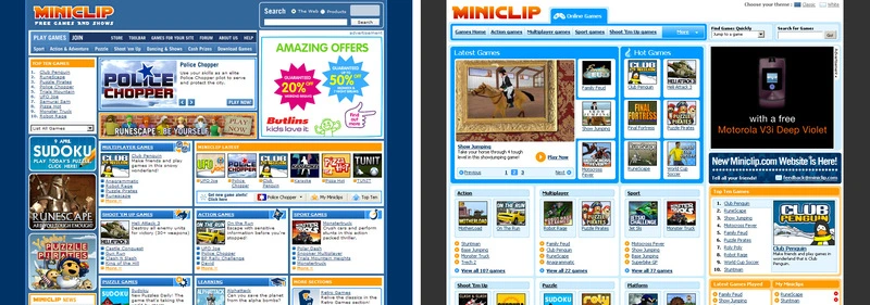 side by side comparison of the old and new versions of Miniclip.com
