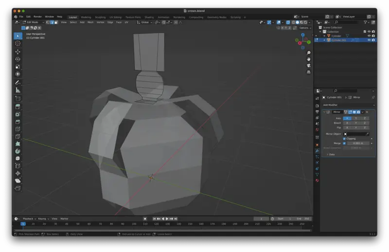 The Blender interface. You can see a few things here – there’s flaps at the bottom of the crown that I folded over for strength. The curved bits are actually segmented – I got rid of this in Unfolder, and the cross on the top is double thickness and has flaps for gluing on that I rounded in Sketch.