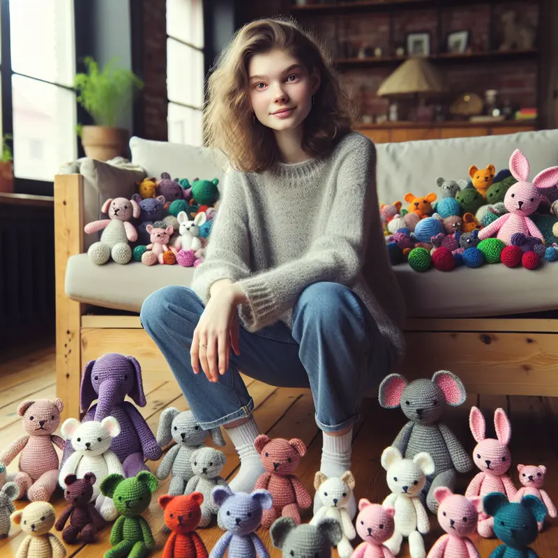 A young lady surrounded by all the toys she created for charity (it's not real)