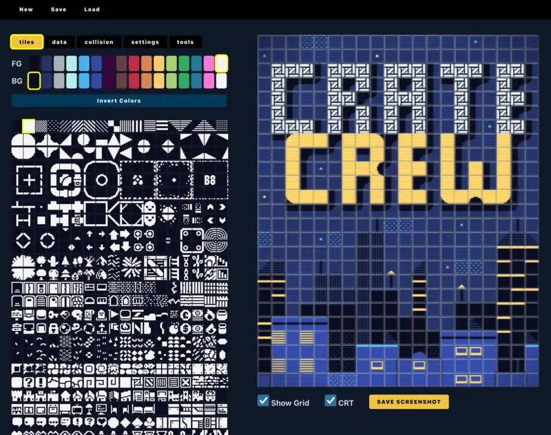 A screenshot of the Beep8 level editor/ graphic editor tool showing the tools and tiles on the left, and what has been drawn on the right.