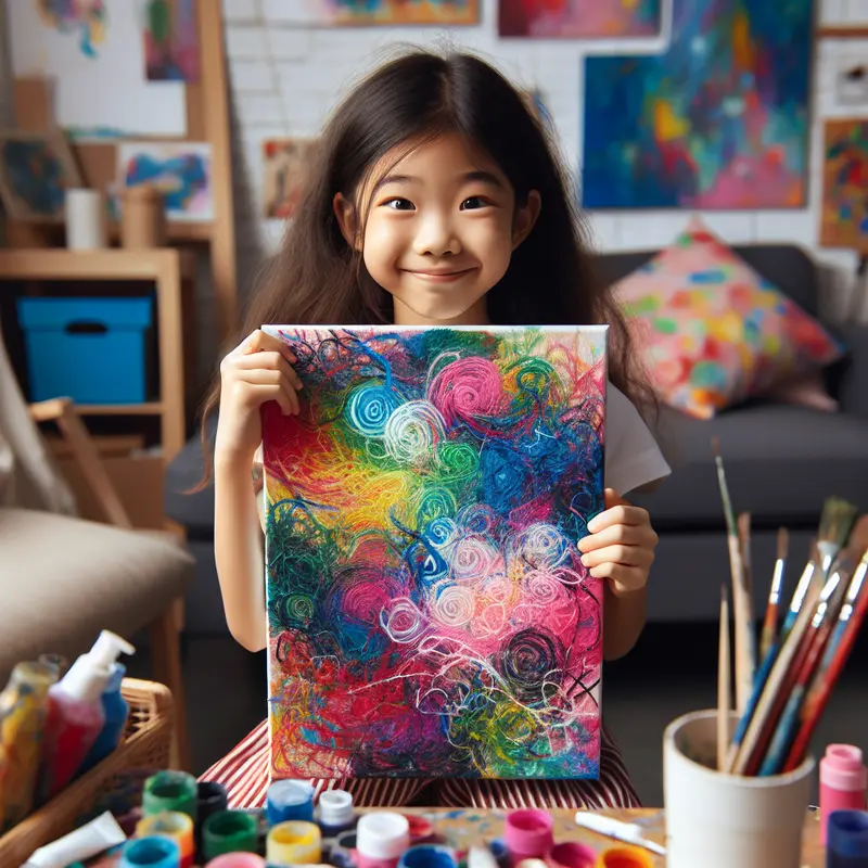A child holding an abstract painting, but she doesn't think it's very good (it's not real)
