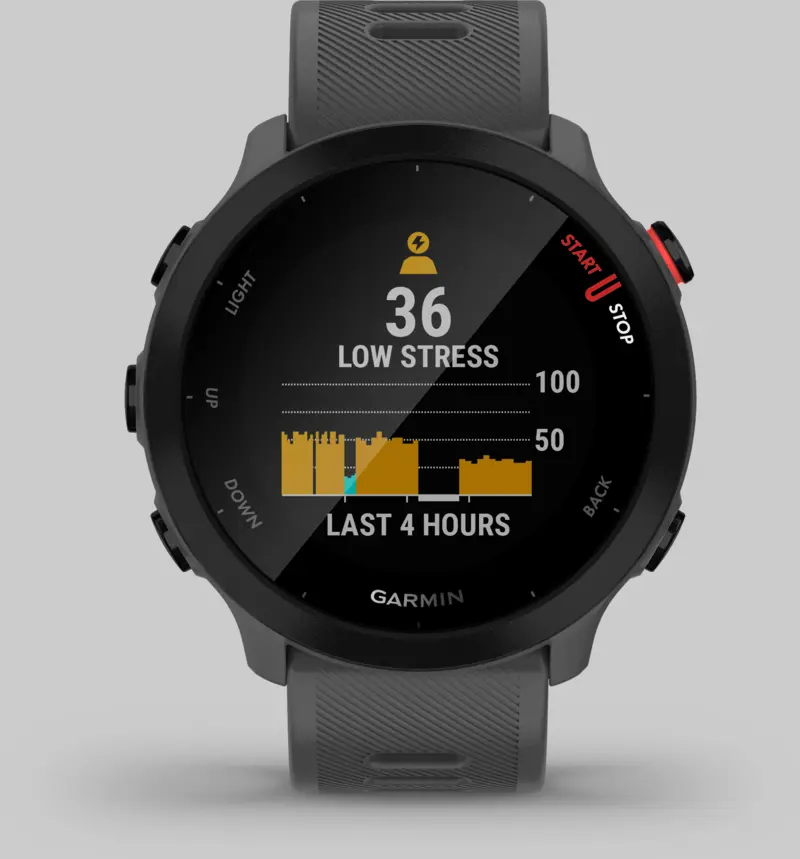 Garmin Forerunner 55 Smartwatch. The screen shows the stress feature. I turned this off.