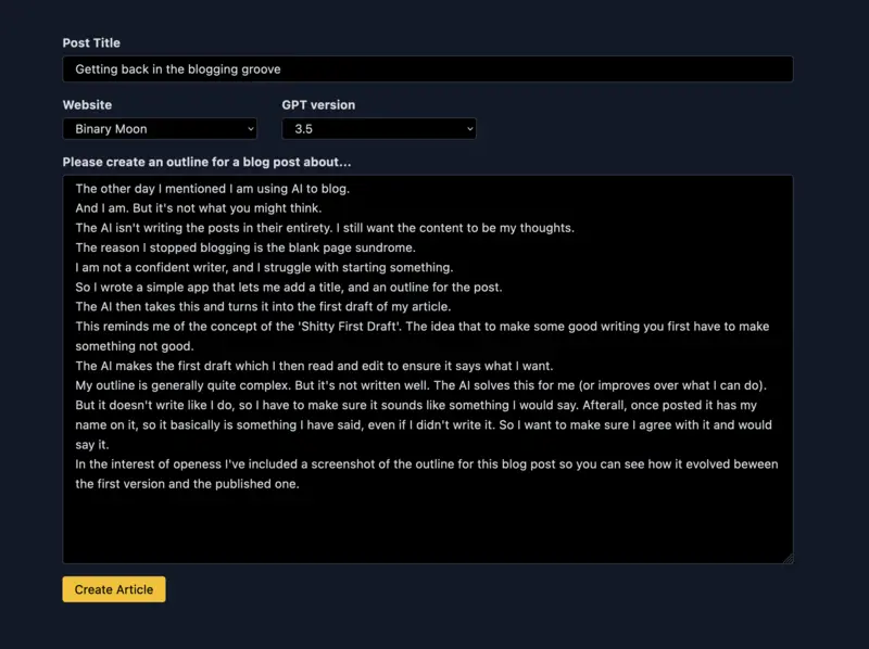 A screenshot of a simple web app showing a field for a title, and a post outline