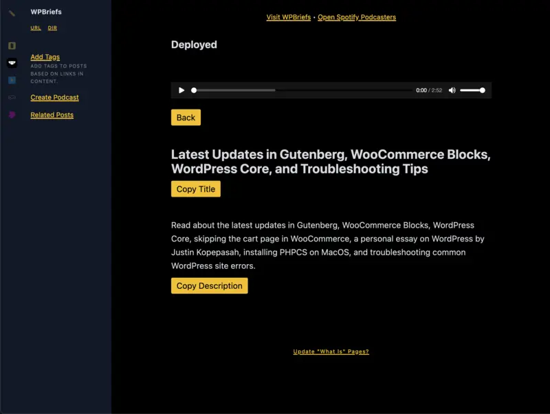The WPBriefs control panel showing a generated podcast