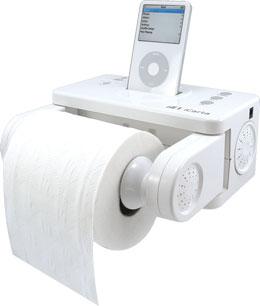 photo of a toilet roll holder with integrated iPod dock and speakers - just what you've always wanted.