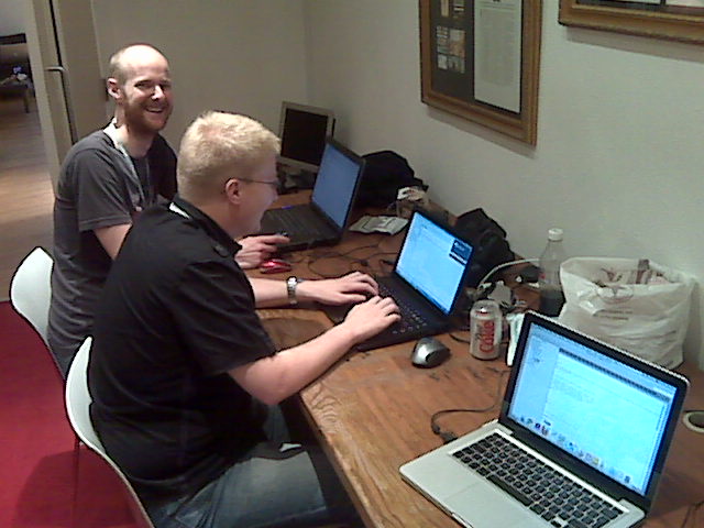 Simon and Myles beavering away at MiniPlay – our Facebook Application